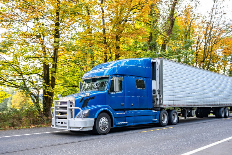 A blue semi-truck drives on a highway surrounded by trees. 