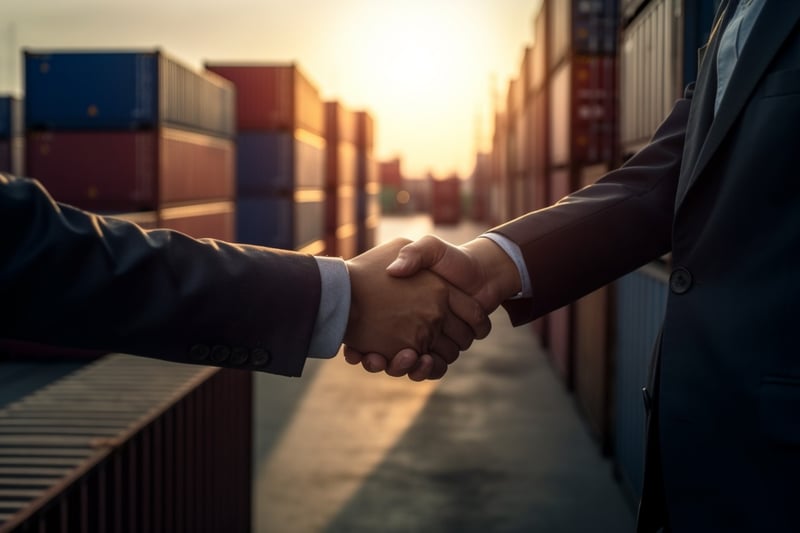 Two businessmen shake hands at a port. 