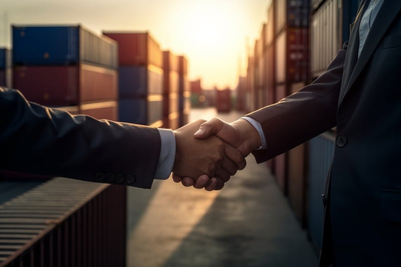 Two businessmen shake hands at a port.